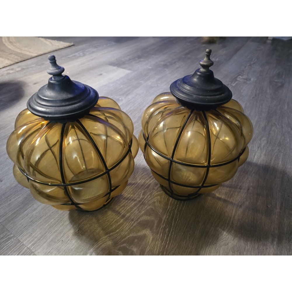 Set Of 2 Vintage Caged Glass Amber Blown Lamp Globe Shade‎ Estate Find